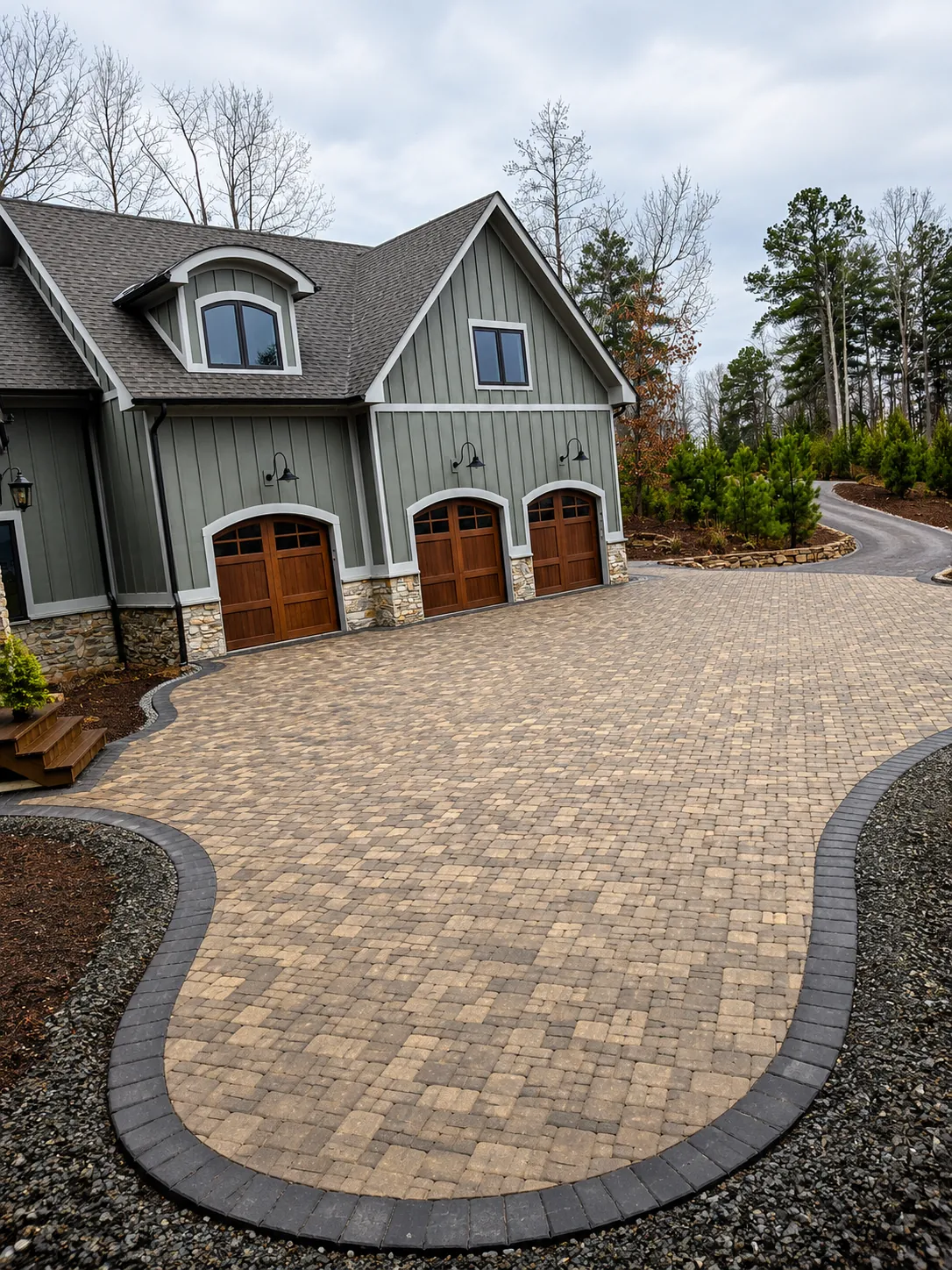 Paver motor court in front of a three-car garage with arched wood doors on a green craftsman-style home