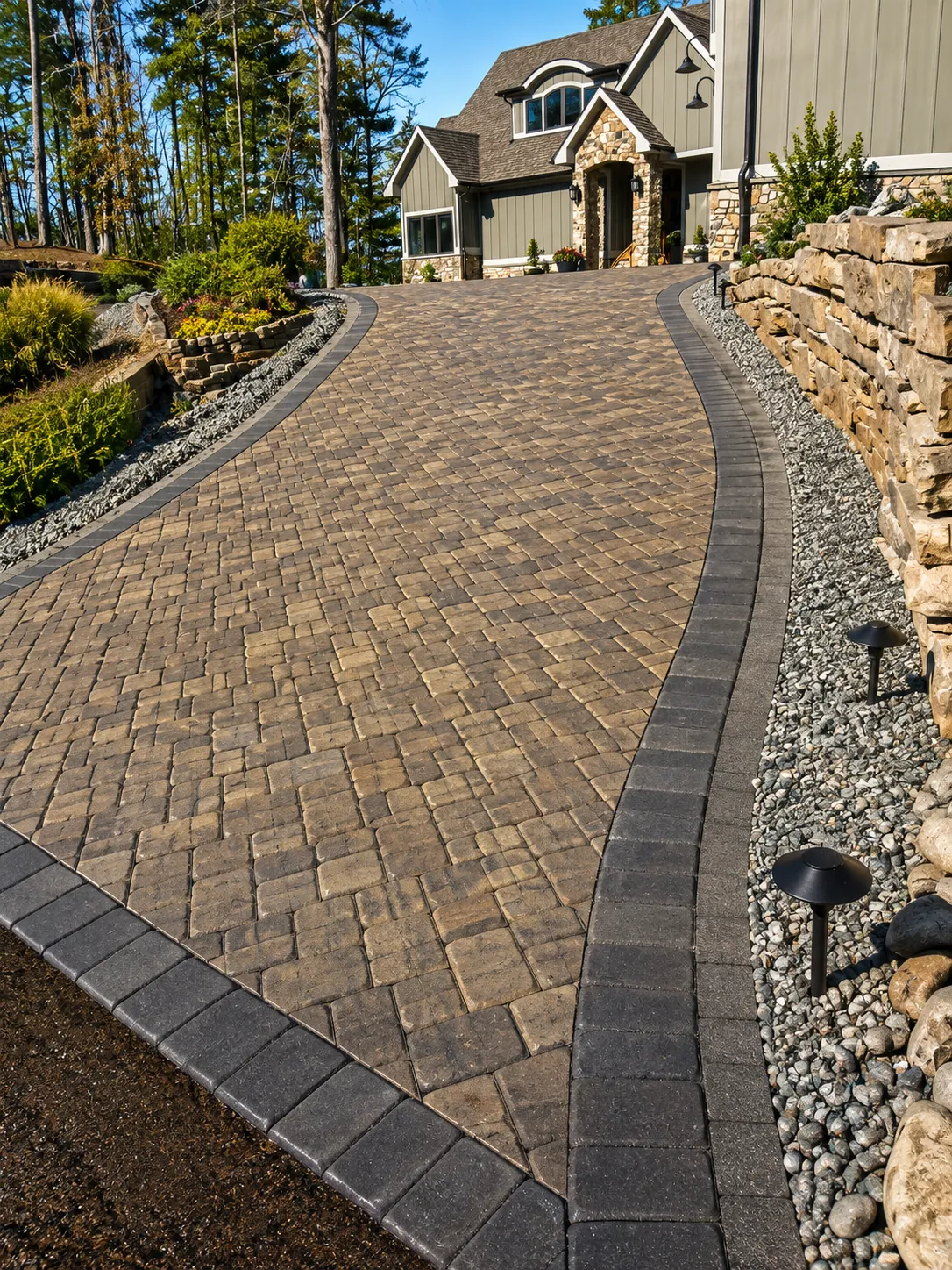 Curved paver driveway with a dark charcoal border leading to a green craftsman-style home with a stone base