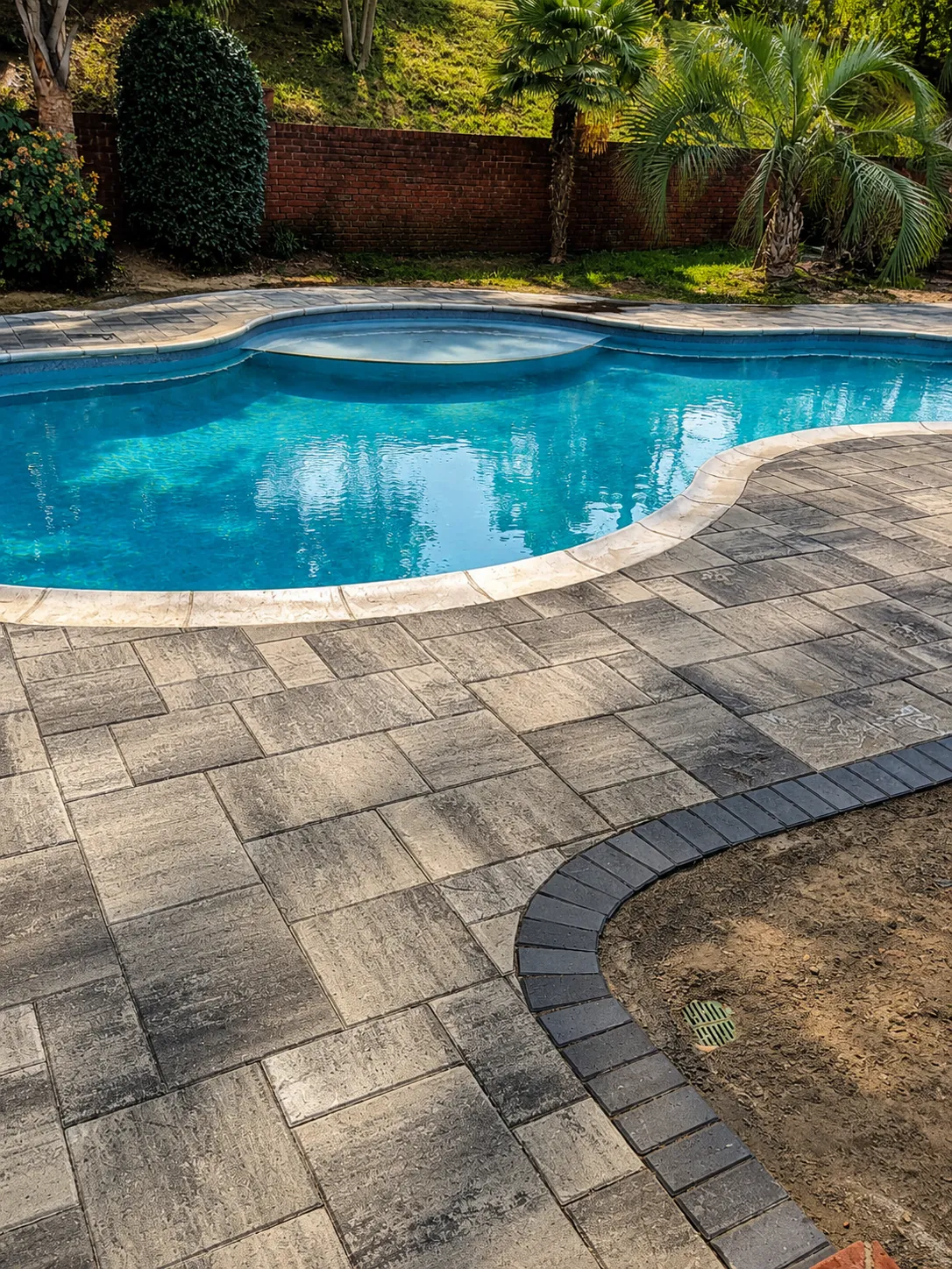 Freeform kidney-shaped pool with a two-tone paver deck bordered by a red brick wall and palm trees