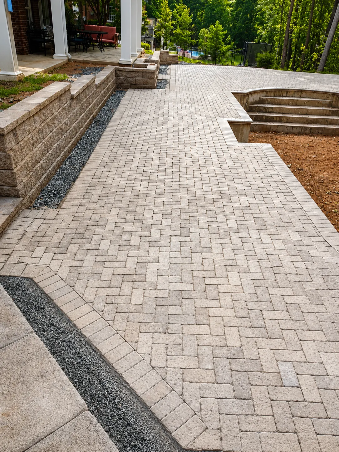 Herringbone-pattern paver patio and curved stone steps near a pool, gravel drainage channel alongside