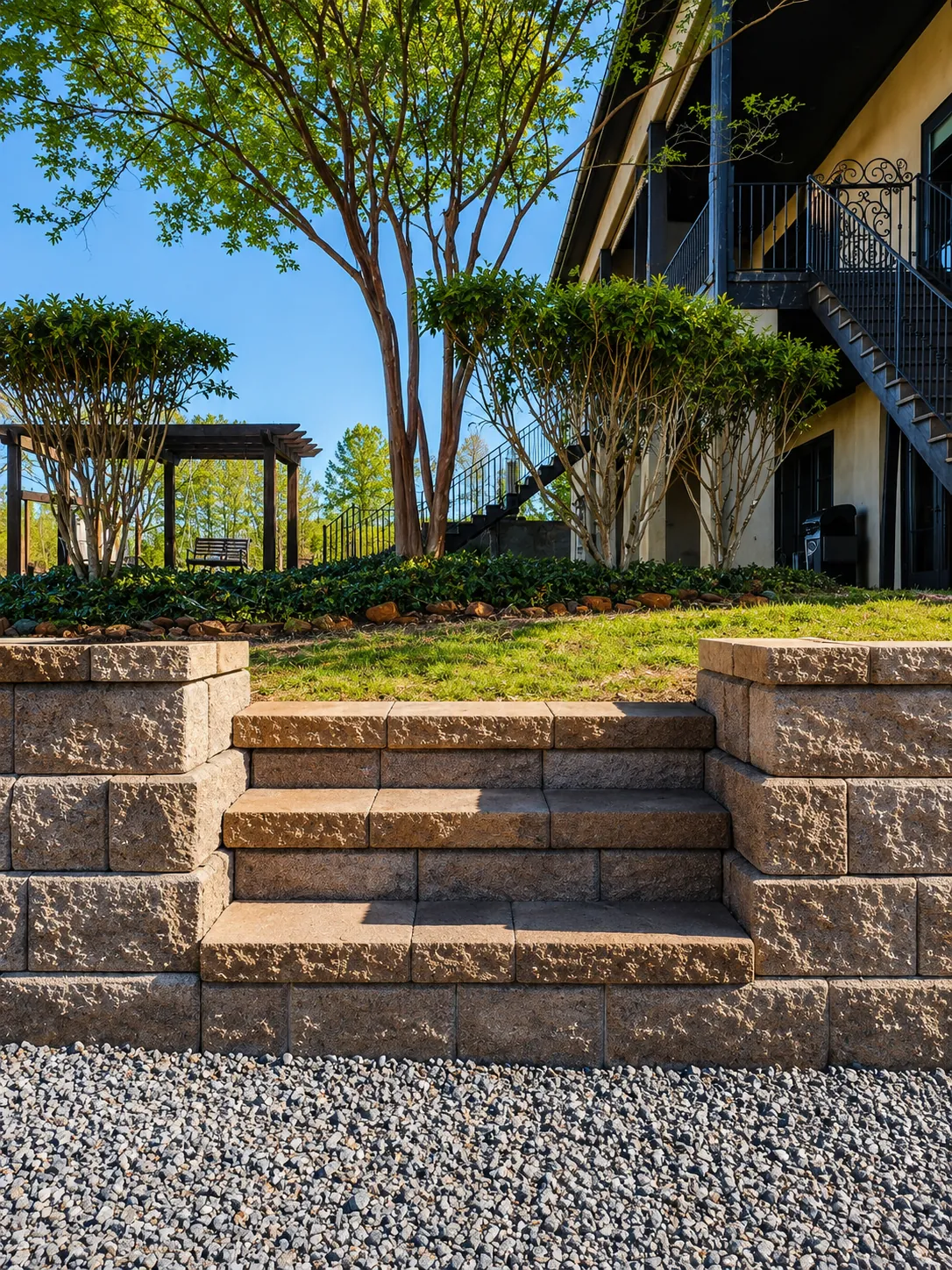 Segmental block retaining wall with integrated steps leading up to a lawn terrace near a pergola