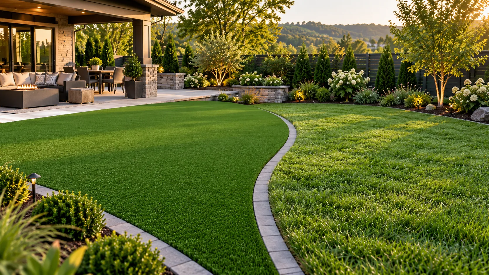 Artificial turf and natural grass sod meeting at a curved paver edge in a landscaped backyard
