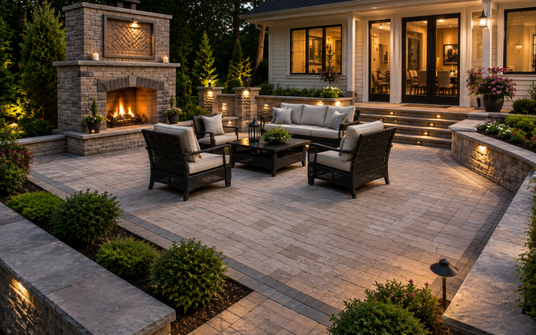 Luxury hardscape patio installation in Upstate South Carolina featuring premium pavers, retaining walls, an outdoor fireplace, and landscape lighting.